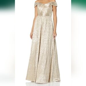 Aiden Mattox Women's Off The Shoulder Gold Metallic Foil Floor Length Gown Dress